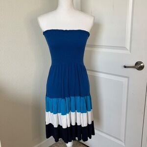 Aqua Womens Strapless Smocked Tiered Colorblock Mini Dress Blue White Small